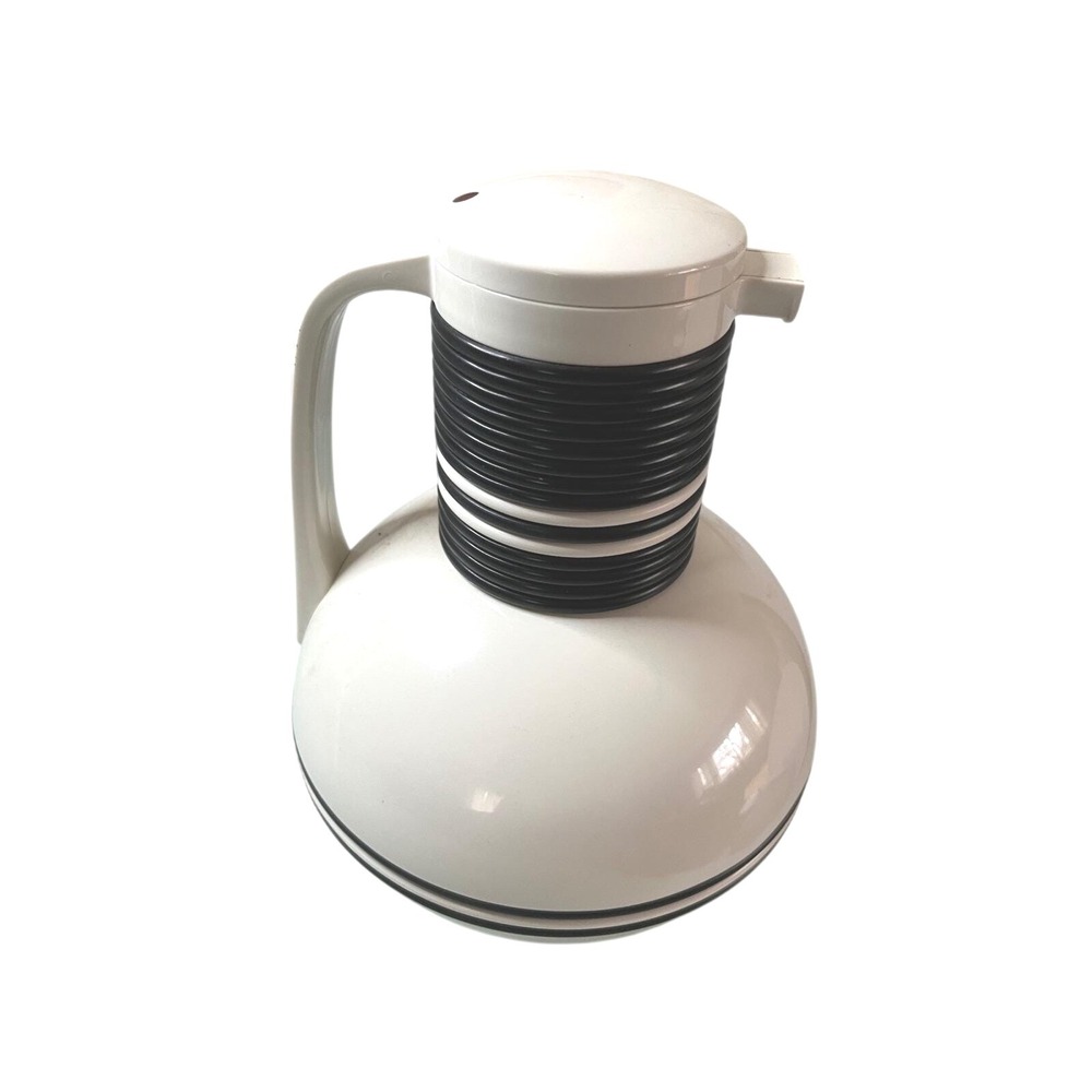 Vintage MCM Corning Thermique Thermal Carafe White Black Ribbed Pitcher